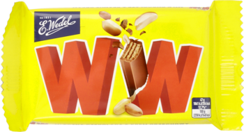 E.Wedel WW baton waflowy z orzechowym kremem w mlecznej czekoladzie, żółte opakowanie, widoczny pęknięty baton i orzechy.