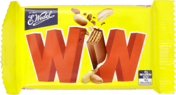 E.Wedel WW baton waflowy z orzechowym kremem w mlecznej czekoladzie, żółte opakowanie, widoczny pęknięty baton i orzechy.