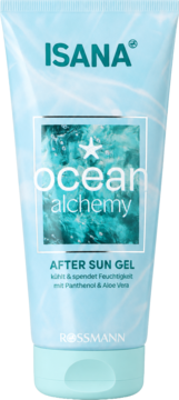 ISANA Ocean Alchemy After Sun Gel w błękitnej tubce z morskimi falami, widok z przodu. Chłodzi i nawilża.