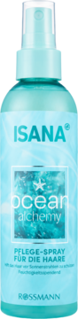 ISANA Ocean Alchemy pielęgnacyjny spray do włosów, błękitna butelka z atomizerem. Nawilża, chroni przed słońcem.