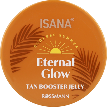 Isana Eternal Glow Tan Booster Jelly, pomarańczowy okrągły słoik z logo Rossmann, napisem i palmami, widok z góry.