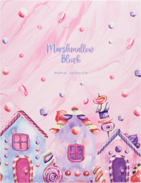 Marshmallow Blush Paris Corner: pastelowa ilustracja domków z piernika i cukierków na różowym, marmurkowym tle.