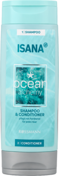 ISANA Ocean Alchemy szampon i odżywka 2w1, niebieska butelka, front, z oceanicznym wzorem i gwiazdką.