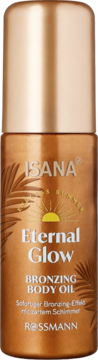 Isana Eternal Glow bronzujący olejek do ciała, złota butelka, z przodu, z delikatnym shimmerem i palmami.