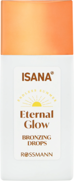 ISANA Eternal Glow Bronzing Drops, biała butelka z pomarańczową nakrętką i logo słońca, widok z przodu.