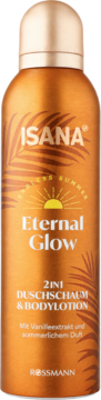 Isana Eternal Glow 2w1 pianka i balsam, brązowa butelka z wanilią i letnim zapachem, złotą zakrętką, widok przodu.