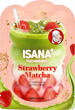 Maseczka ISANA Strawberry Matcha z Hyaluronem i zieloną herbatą, opakowanie w kształcie koktajlu.