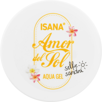 Białe, okrągłe wieczko ISANA Amor del Sol AQUA GEL z żółtym napisem, różowymi kwiatami i 'selfie-sandra'. Ujęcie z góry.