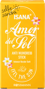 Żółte pudełko ISANA Amor del Sol Anti Wundreib Stick, z kwiatami plumerii i napisem 'FEEL THE SUN'.