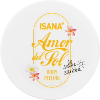 Białe, okrągłe wieczko ISANA Amor del Sol Body Peeling z żółtymi napisami i egzotycznymi kwiatami, widok z góry.
