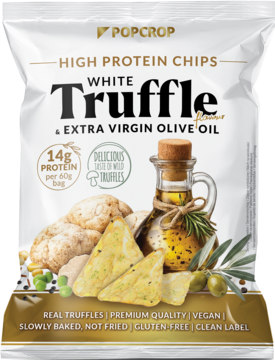 Front białego opakowania Popcrop High Protein Chips White Truffle & Extra Virgin Olive Oil, z truflami i oliwą.