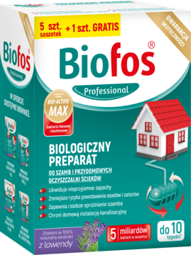 Biofos Professional 5+1 gratis, preparat do szamb z lawendą, w zielono-białym pudełku. Widok z przodu.