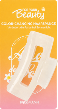 For Your Beauty spinka zmieniająca kolor, duża, kremowo-przezroczysta, na pomarańczowym opakowaniu Rossmann.