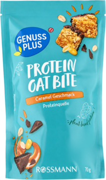 Opakowanie Genuss Plus Protein Oat Bite o smaku karmelowym, turkusowa saszetka z grafiką batoników i karmelu.