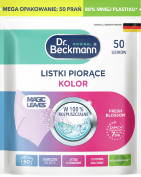Dr. Beckmann listki piorące KOLOR Fresh Blossom, 50 prań, w białej saszetce z 80% mniej plastiku, widok z przodu.