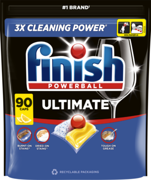 Finish Powerball Ultimate, 90 kapsułek do zmywarki w granatowej torbie, 3x moc czyszczenia, widok z przodu.