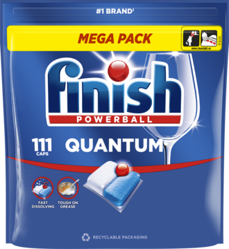 Przód niebieskiego opakowania Finish Powerball Quantum Mega Pack 111 kapsułek do zmywarki, widoczna tabletka.