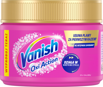 Różowy pojemnik odplamiacza Vanish Oxi Action Pink w proszku, złota nakrętka, widok z przodu, usuwa plamy.