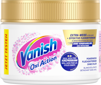 Vanish Oxi Action Proszek 'Extra-Weiss' do usuwania plam, biały pojemnik ze złotą zakrętką, widok z przodu.