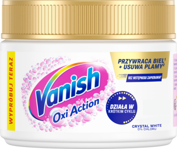 Vanish Oxi Action White odplamiacz w białej tubie ze złotą nakrętką, różowym logo i opisem "przywraca biel".