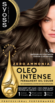 Farba Syoss Oleo Intense 5_10 Naturalny Jasny Brąz. Front czarnego opakowania z kobietą. Zero amoniaku, 100% krycia.