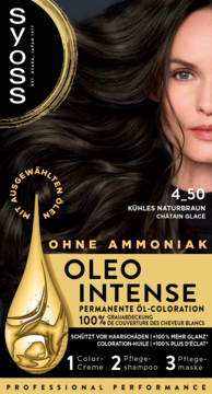 Syoss Oleo Intense 4-50 chłodny naturalny brąz, trwała farba do włosów bez amoniaku, ciemne opakowanie z kroplą oleju.