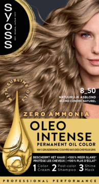 Syoss Oleo Intense farba 8_50 Naturalny Popielaty Blond, opakowanie z modelką, bez amoniaku, 100% pokrycia.