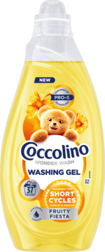 Żel do prania Coccolino Wonder Wash Fruity Fiesta, żółta butelka z misiem, widok z przodu, do krótkich cykli.