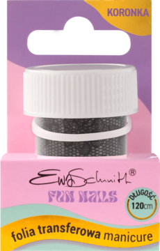 Folia transferowa manicure Ewa Schmitt FUN NAILS KORONKA, czarna koronka w przezroczystym słoiczku, widok z przodu.