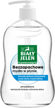 Biały Jeleń hipoalergiczne bezzapachowe mydło w płynie, przezroczysta butelka z białym dozownikiem, widok z przodu.