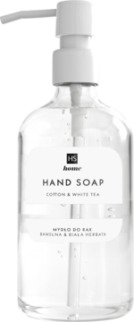 Hiskin Clear Hand Soap Cotton & White Tea w szklanej butelce z białą pompką, widok z przodu.