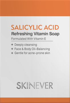 Opakowanie mydła SKINEVER Salicylic Acid z witaminą E, oczyszczające do skóry trądzikowej, widok z przodu.