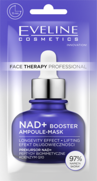 Eveline NAD+ BOOSTER Ampoule-Mask, fioletowa butelka z pipetą na szaro-fioletowym kartonowym opakowaniu, widok z przodu.