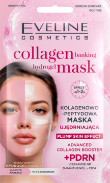 Różowo-biała maska hydrożelowa Eveline Collagen Banking PDRN, z efektem plump skin, na saszetce twarz modelki.