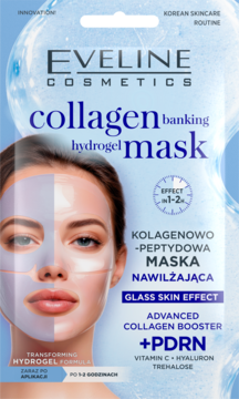 Eveline Collagen Banking hydrożelowa maska do twarzy, saszetka, front z grafiką kobiety, niebiesko-biała.