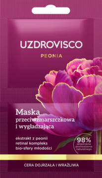 Saszetka Uzdrovisco Peonia maska przeciwzmarszczkowa do cery dojrzałej, fioletowo-różowa z peonią, widok z przodu.
