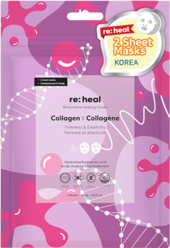 Fioletowo-różowe opakowanie re:heal 2 masek w płachcie Collagen z DNA, dla jędrności i elastyczności. Widok z przodu.