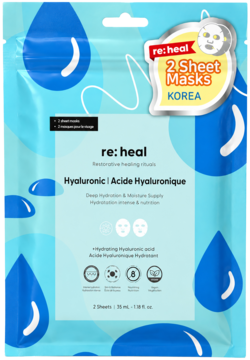 re:heal Hyaluronic maski w płachcie, 2 szt., błękitna saszetka z kroplami wody, głębokie nawilżenie.