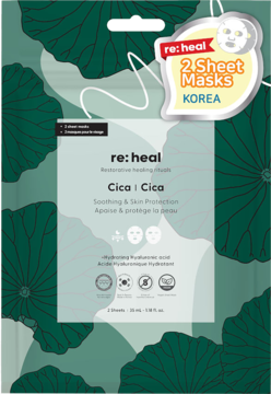RE:Heal Cica Maska w płachcie, zielone opakowanie z wzorem liści lotosu, kojąca Centella Asiatica, 2 sztuki, Korea.