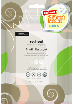RE:Heal Snail Escargot 2 maski w płachcie regenerujące, beżowe opakowanie z wzorem ślimaka, widok przodem.
