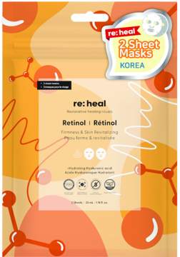 Pomarańczowo-żółte opakowanie RE:Heal Retinol, 2 maski w płachcie z kwasem hialuronowym, widok z przodu.