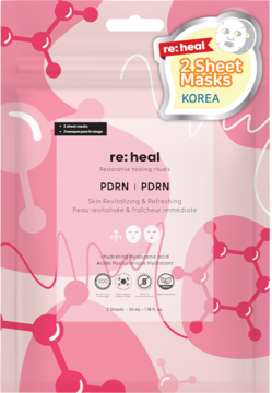 Różowa saszetka RE:Heal PDRN Face Mask z 2 maskami w płachcie, widok z przodu. Opakowanie ma różowe molekularne wzory.