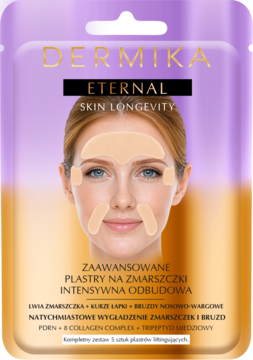 Dermika Eternal plastry przeciwzmarszczkowe, fioletowo-złote opakowanie, grafika twarzy z beżowymi plastrami.