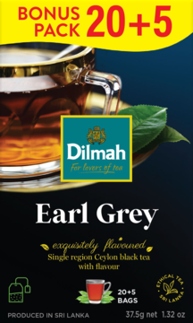 Opakowanie herbaty Dilmah Earl Grey, granatowe, z filiżanką. Czarna herbata cejlońska single origin, 20+5 torebek.