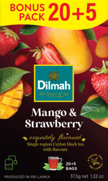 Opakowanie herbaty Dilmah Mango & Strawberry, bonus pack 20+5 torebek czarnej herbaty cejlońskiej, z grafiką owoców.