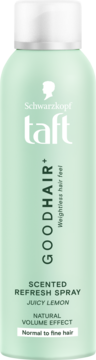 Schwarzkopf Taft Goodhair+ Scented Refresh Spray Juicy Lemon, miętowa butelka, z efektem objętości.