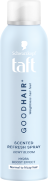 Niebieski spray odświeżający Schwarzkopf Taft Goodhair+ Dewy Bloom, na wprost, do włosów normalnych i puszących się.