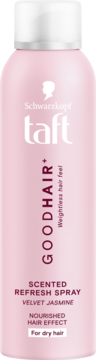 Różowy spray Schwarzkopf taft Goodhair+ Perfumowany odświeżający Velvet Jasmine do włosów suchych, przód.