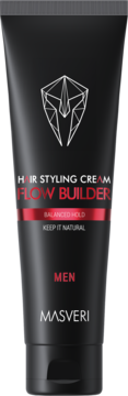 Czarna tuba kremu do stylizacji włosów Masveri Flow Builder dla mężczyzn, ze zbalansowanym chwytem i logo.