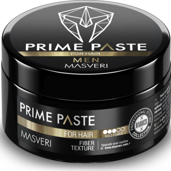 Czarny słoik Prime Paste Masveri Fiber Texture do włosów dla mężczyzn, złote detale, widok z góry pod kątem.